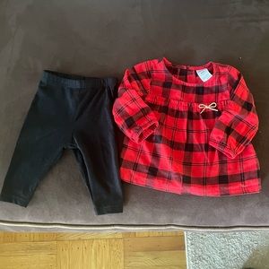 Checkered, red and black top with black legging bottom